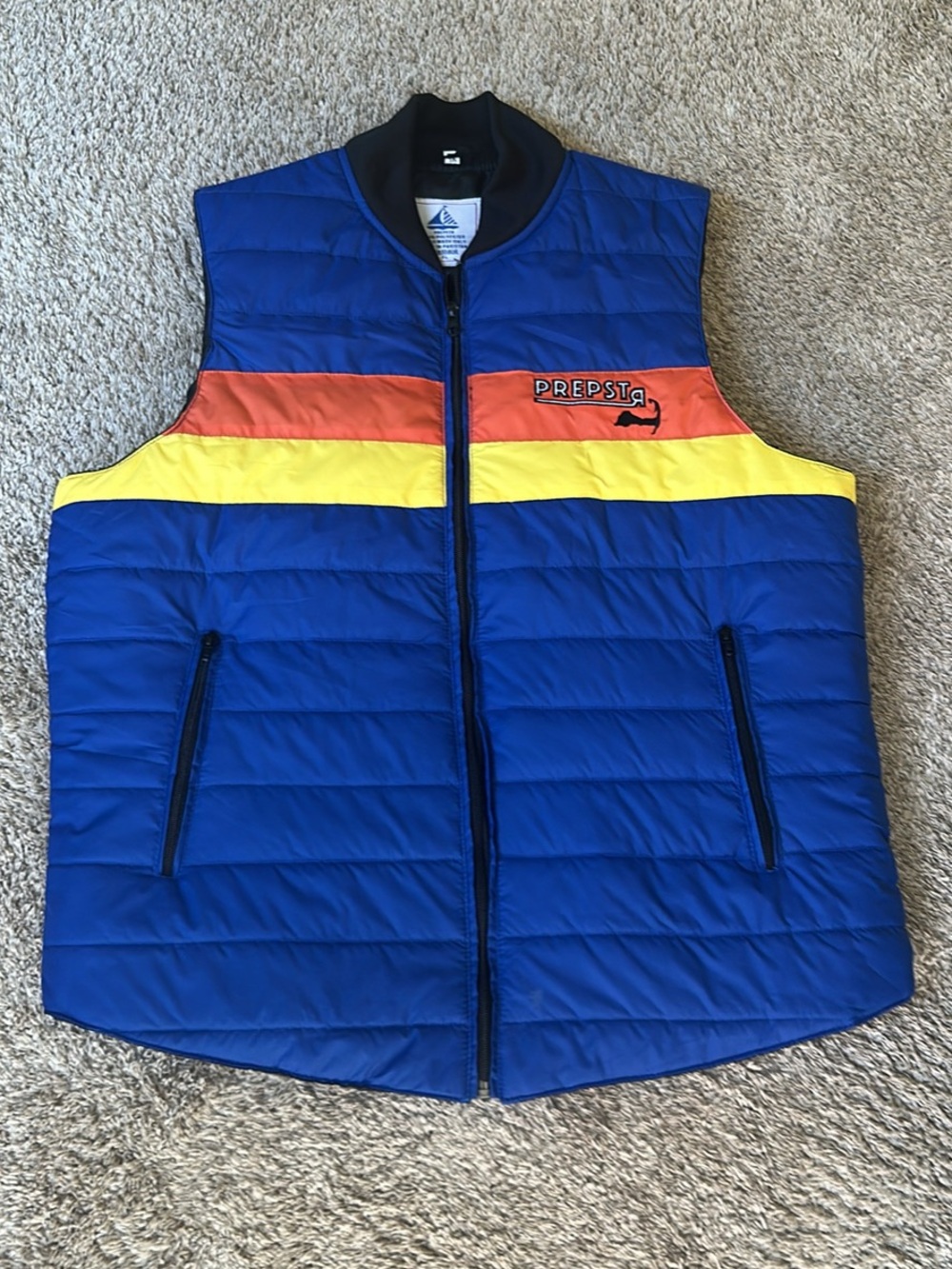 Men's Royal Blue Puffer Vest with Orange & Yellow Stripes